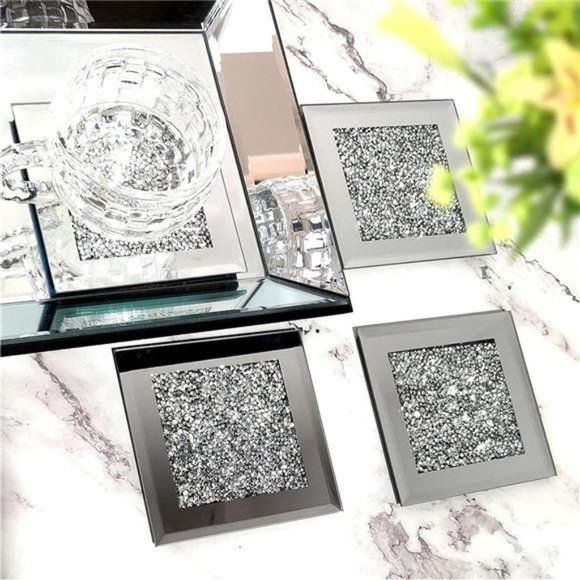 Glass Mirrored Coaster 4 PC, Crushed Diamond Square Cup Mat 4" Decor on Tabletop - Picture 4 of 6